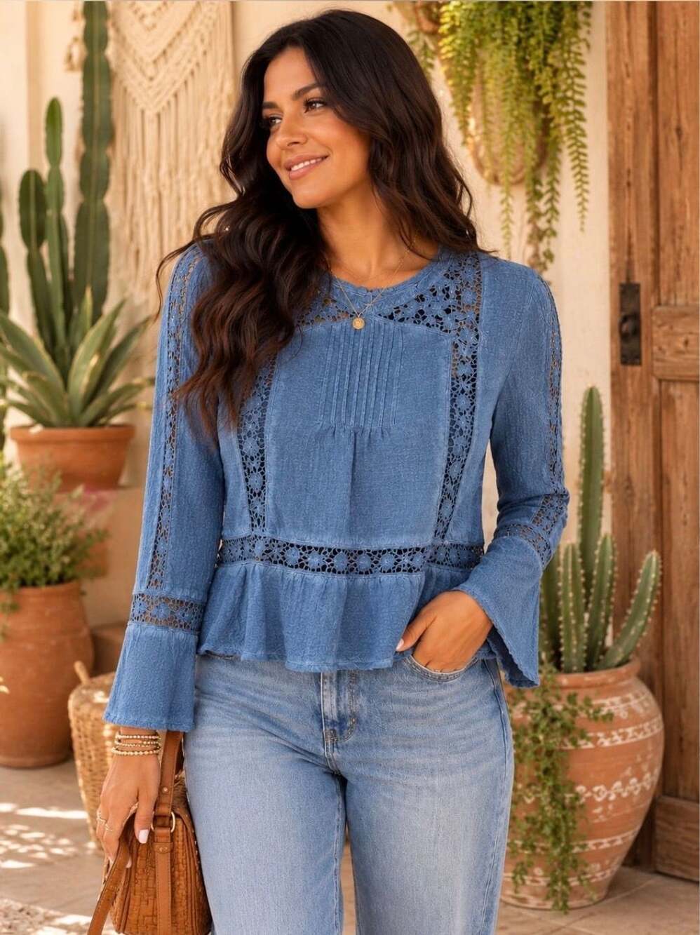 648 Free People Denim Long Sleeve Peplum Top with Crochet Lace Inlay